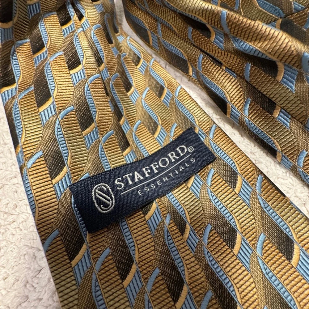 Vintage Stafford Tie Gold Blue Geometric Business Formal Necktie Abstract Casual